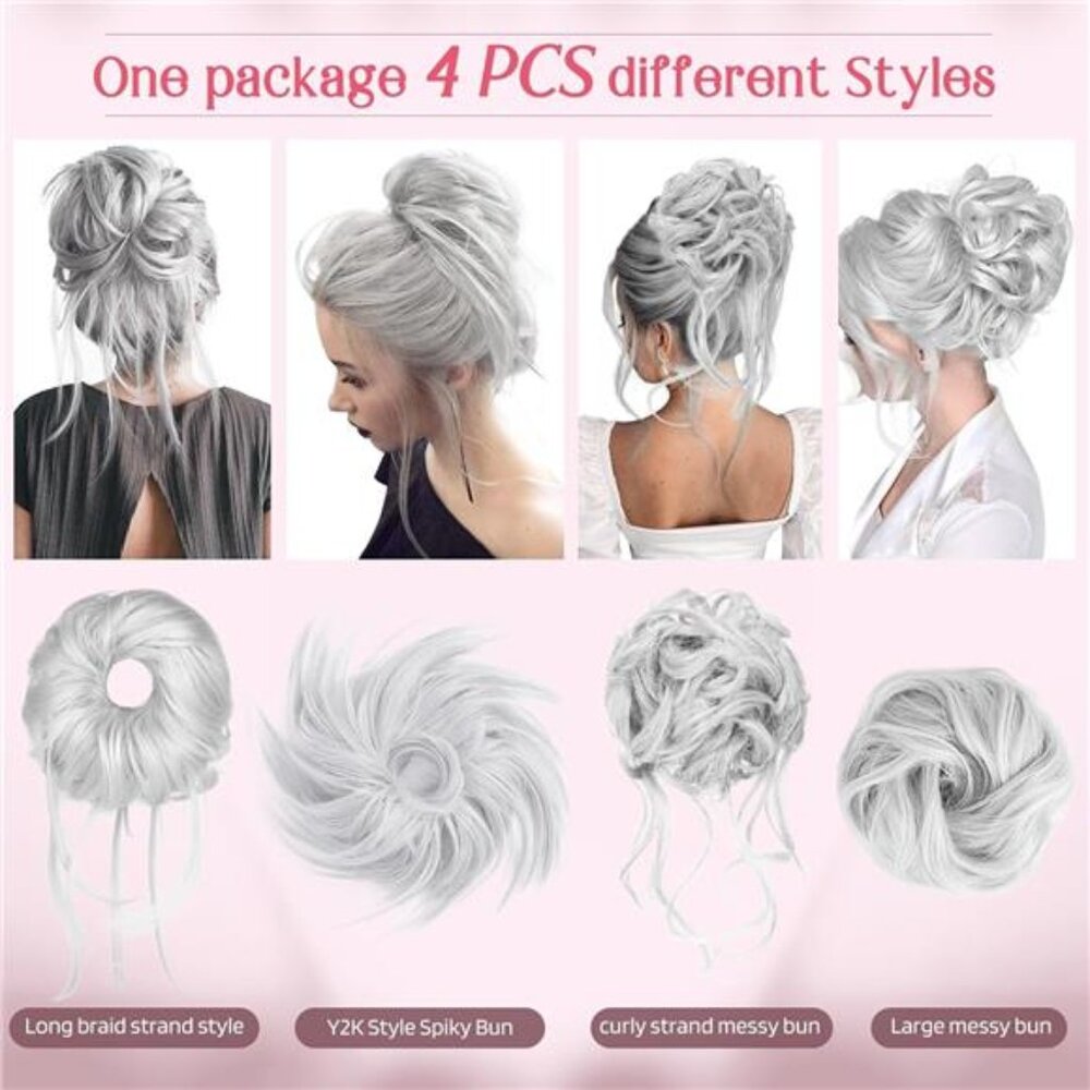 Messy Bun Hair Pieces, 4 Pieces Messy Bun Straight Bun Hair Pieces for Women - Picture 2 of 6